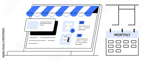 Laptop with storefront interface, products, discounts, and monthly subscription calendar. Ideal for e-commerce, retail, subscription models, digital marketing, online shopping product promotion