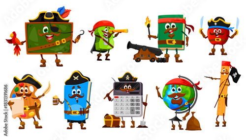 Cartoon school stationery pirate corsair crew characters. Cute back to school education supplies vector personages of book, calculator, ruler, paint and globe pirates, apple and sharpener corsairs
