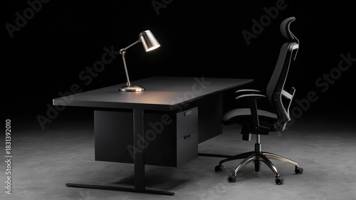 Office space, a desk with lamp and chair, in a dim studio setting