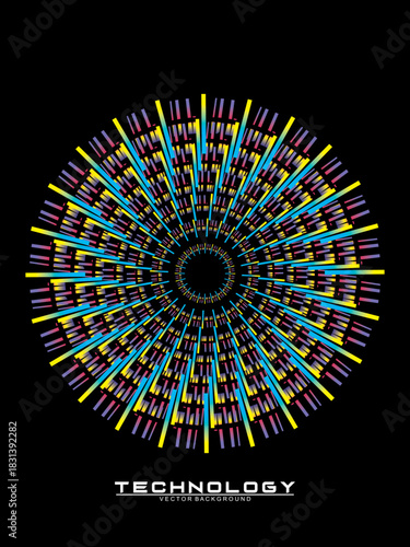 Music poster design background. Electro Sound Cover Template with dynamic abstract gradient circular geometric line shapes for t-shirt screen printing, technology, digital, party, festival and club.	
