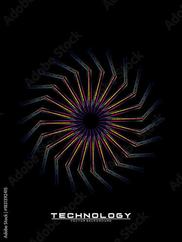 Music poster design background. Electro Sound Cover Template with dynamic abstract gradient circular geometric line shapes for t-shirt screen printing, technology, digital, party, festival and club.	

