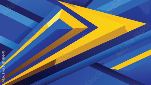 A bold and energetic abstract background showcasing sharp blue elements intersected by a vivid yellow arrow-shaped motion accent