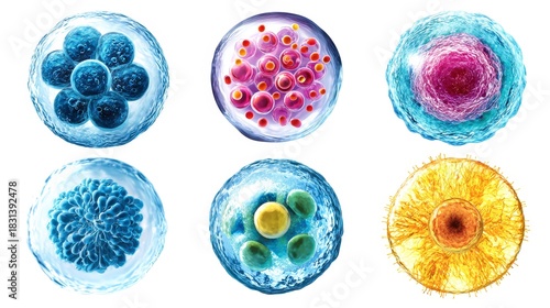 Six different human cell stages with detailed textures and vibrant colors, showing various phases of cell division and development in scientific and educational style