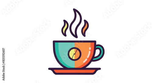Hot Coffee Cup with Steam and Clock Symbol.
