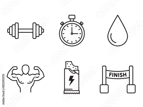 Fitness Icons Collection. Fitness Motivation linear icon set: dumbbell, stopwatch, athlete pose, sweat drop, energy bar, finish line.