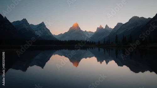 Majestic mountain range silhouetted at sunset, reflected in tranquil lake
