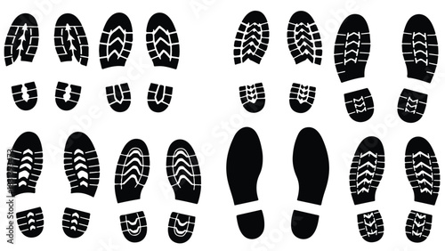 A diverse collection of black shoe print silhouettes on a white background.