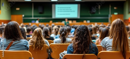 Audience in lecture hall facing a projector screen