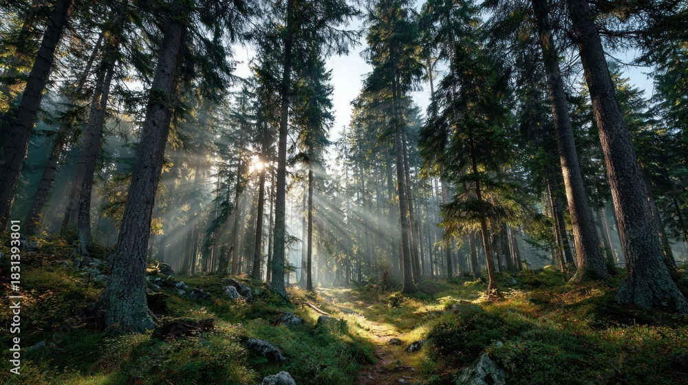 Obraz premium Sunlight streams through a tranquil forest, creating a breathtaking and vibrant landscape