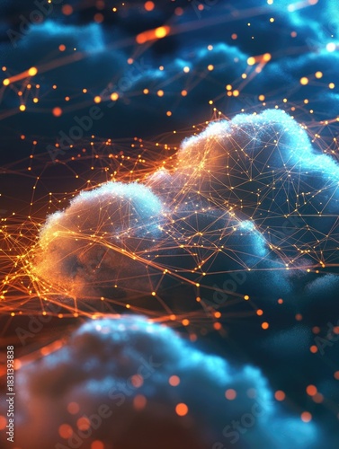Clouds lit with orange network lines over dark blue depths