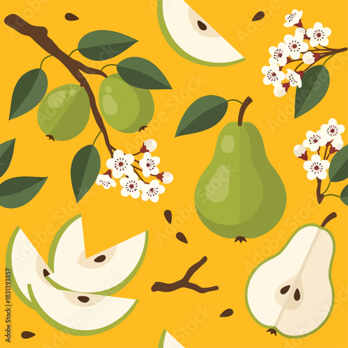 Set against a sunny yellow backdrop, this vibrant seamless pattern displays lush green pears and guavas on leafy branches, interspersed with delicate white blossoms and fresh, seed-speckled slices