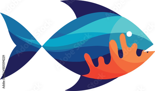 Stylized illustration of a vibrant blue fish with orange coral elements, symbolizing marine life and underwater ecosystems.