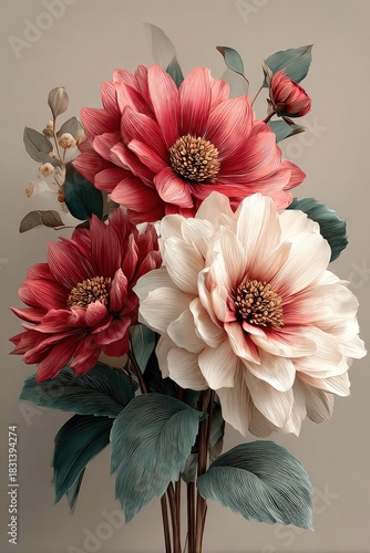 Floral arrangement with red, pink, & cream-colored flowers