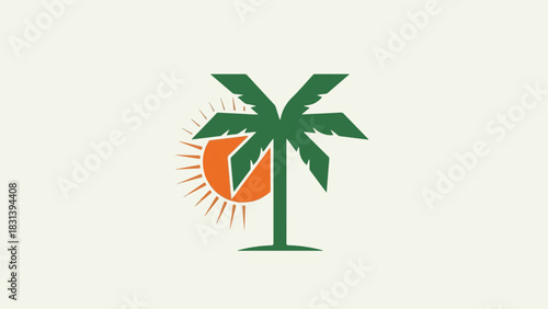 A stylized green palm tree silhouette stands against a light background with a bright orange sun peeking from behind its trunk.