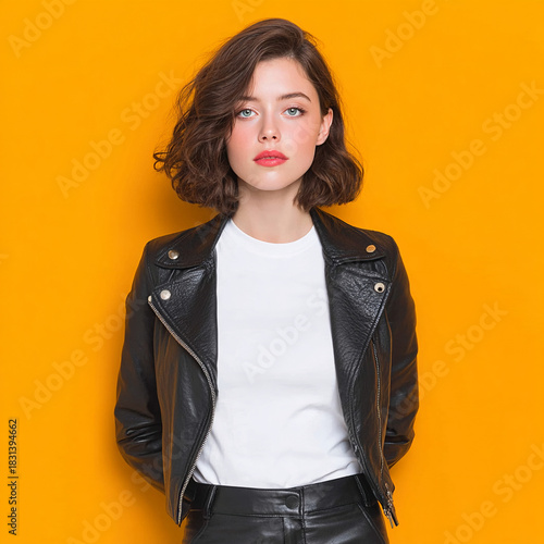 A young woman in a black leather jacket stands confidently against a vibrant orange background