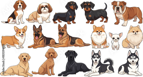 Cute Cartoon Vector Illustrations of Popular Dog Breeds, Collection of Canine Friends: Dachshund, Husky, Corgi, Beagle, and German Shepherd, Adorable Pet Set, Isolated on White Background.