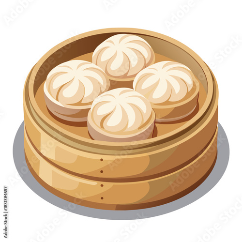 Illustrated bamboo steamer filled with soft white buns presented in a clean, warm lighting style that enhances their fresh and inviting look.