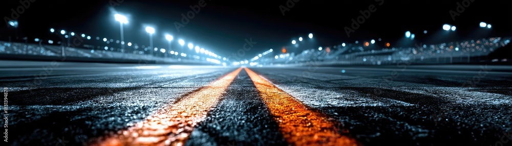 Naklejka premium A close-up of illuminated lights on empty track concept. A dynamic view of a racetrack illuminated at night.