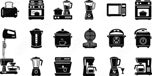 Set of black silhouette vector icons featuring various kitchen appliances, including blenders, toasters, coffee 
