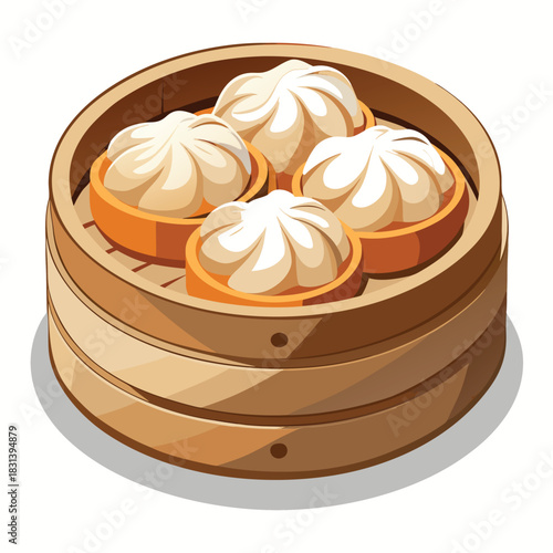 Warm and detailed illustration of freshly steamed dumplings arranged in a traditional bamboo basket with rich textures and appetizing shading.