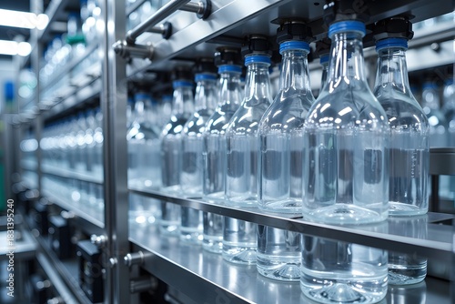 Rows of clear glass bottles stand aligned on a metal production line in a factory.