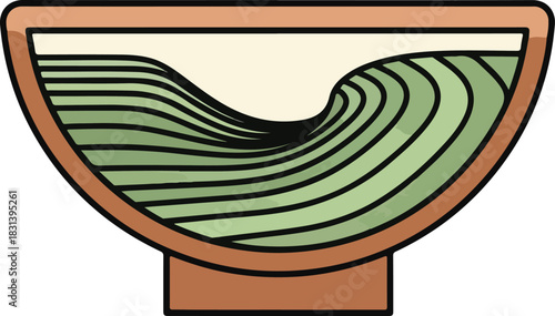 Stylized illustration of a bowl with green wavy lines representing water or liquid, set against a light background.