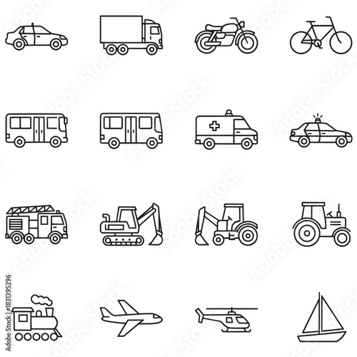 A collection of sixteen black and white line-art icons depicting various modes of transportation and specialized vehicles, including cars, trucks, buses, emergency vehicles, construction equipment, an