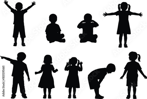 Set of black silhouettes of kids, happy children poses, boys and girls playing, standing and sitting, vector illustration isolated on white background