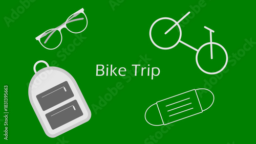 An image with eyeglasses backpack bike and mask on a green background with the text Bike Trip on it, minimal travel concept depiction for cyclists
