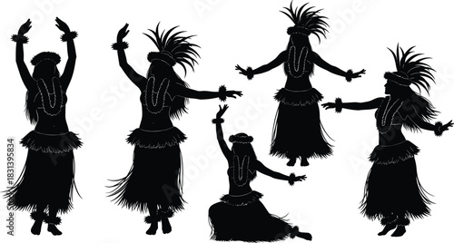 Set of black silhouettes of Hawaiian Hula dancers, women in grass skirts and flower leis performing traditional dance, isolated on white background.
