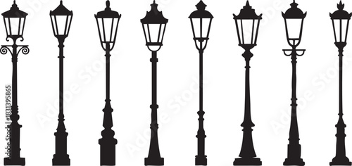 Vintage Street Lamp Post Vector Silhouette Set