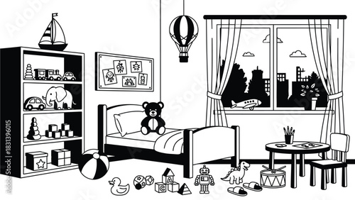 Childrens room illustration with toys and furniture vector art