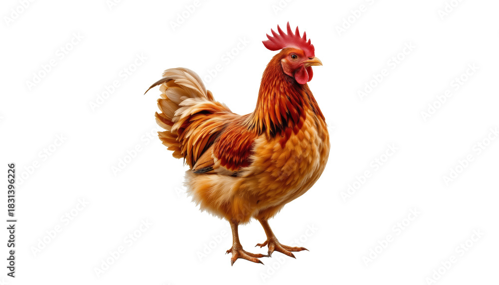 Fototapeta premium Chicken rooster poultry bird farm isolated white feather red comb tail standing side view domestic livestock male cock