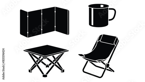 Camping equipment vector illustration camping chair table mug