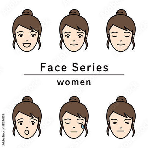 Young woman with hair bun face expressions set vector icon