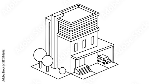 Isometric modern house illustration with car and tree design