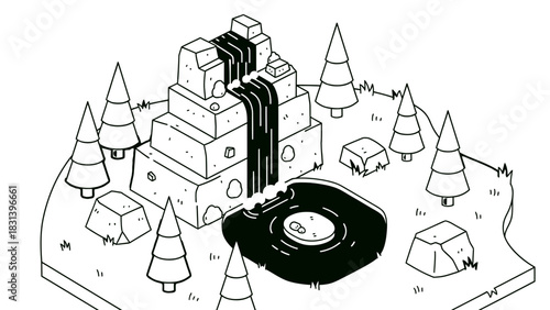 Cartoon waterfall landscape illustration with pond and trees