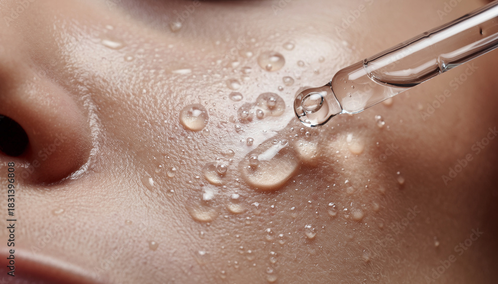 Fototapeta premium Hydrating Serum Application - Close-up of Skin with Droplets and Pipette.