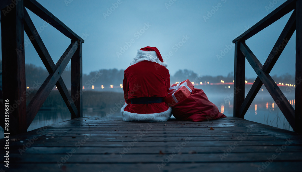 Fototapeta premium Lonely Santa Claus sitting on a wooden dock looking at the water.