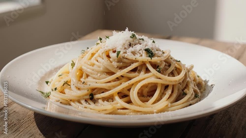 Creamy pasta with garnish on white plate, wooden table, natural light