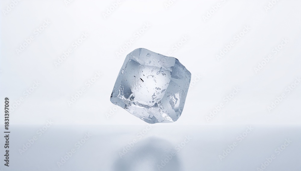 Obraz premium Floating Ice Cube - Isolated, Transparent, Reflective, Cool, Minimalist, White Background.