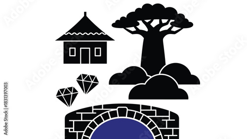 Graphic design of african village with baobab tree and diamonds