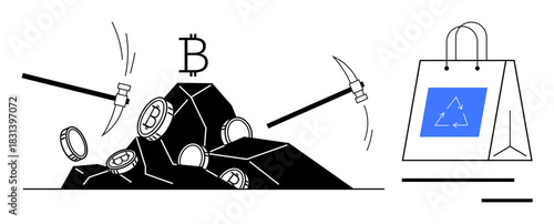 Pickaxes extracting cryptocurrency coins from rocks beside a shopping bag with a recycle emblem. Ideal for cryptocurrency, mining, blockchain technology, environment, sustainable economy, digital