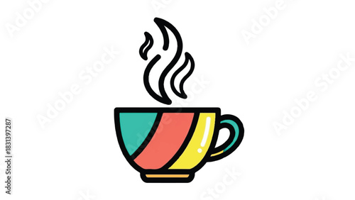 Colorful coffee cup with steam rising illustration.