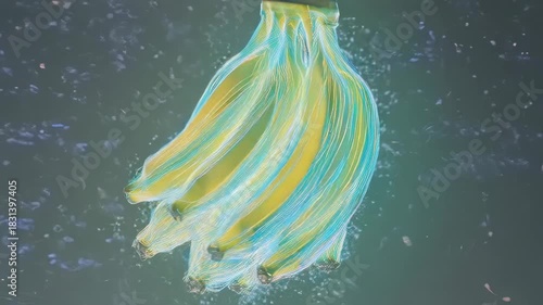 Bioluminescent, abstract jellyfish-like form floats against a teal gradient