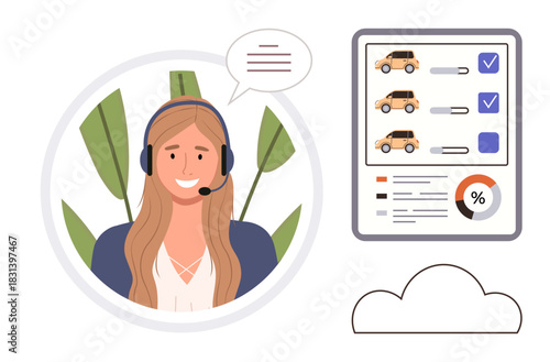 Smiling customer service representative with headset, chat bubble, chart with vehicle options, progress tracking icons. Ideal for customer support, online consultations, auto services