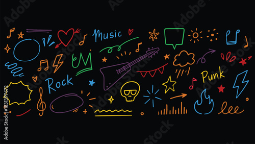 Music star doodle icon punk rock set. Hand drawn music sketch guitar, microphone, skull. Fun graffiti star shape doodle arrow, crown, vector art and illustration