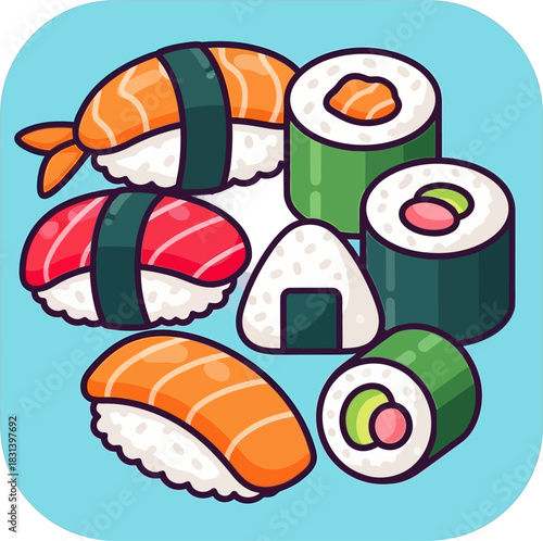 Assortment of Delicious Sushi and Onigiri Japanese Food.