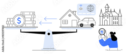 Financial balance concept. Money scales with real estate and assets demonstrating budgeting, asset valuation, and wealth management. Financial insights for banking, investment, and economic strategy