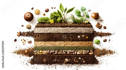 Soil health concept with layered soil profile showing different textures, seeds, and green plants growing on top, symbolizing nutrient rich earth and natural growth